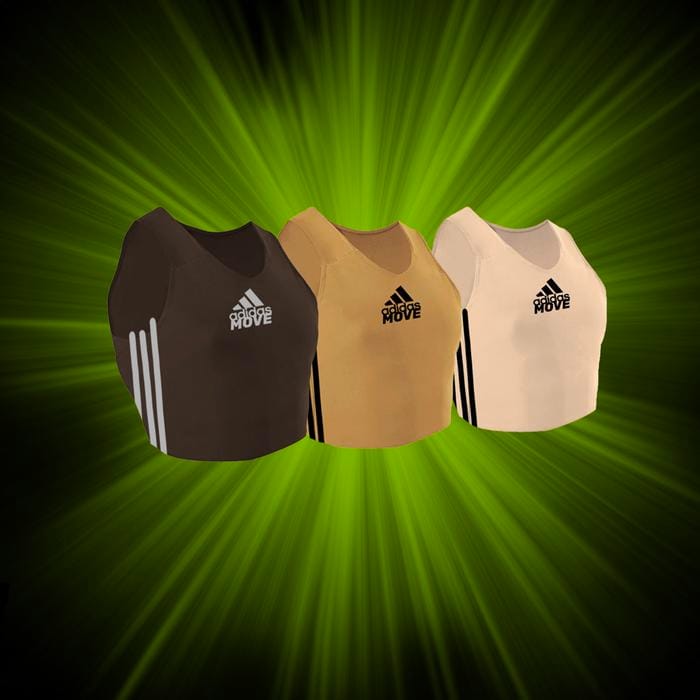 A mockup image of transmasculine binders with the adidas logo and three-stripe motif on