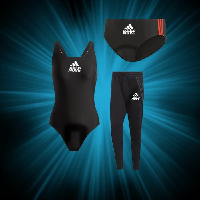 A mockup image of period swimwear and activewear with the adidas logo and three-stripe motif on