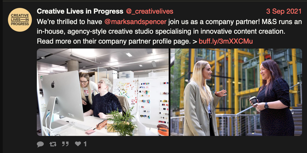 Tweet from @_creativelives: " We’re thrilled to have @marksandspencer join us as a company partner! M&S runs an in-house, agency-style creative studio specialising in innovative content creation. Read more on their company partner profile page. "