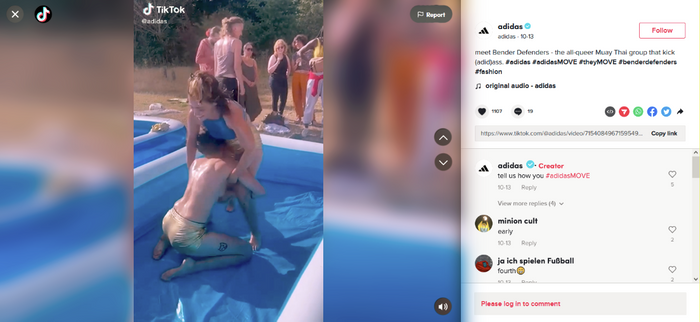 Fake TikTok post from adidas UK: "meet Bender Defenders – the all-queer Muay Thai group that kick (adid)ass. # adidas # adidas MOVE # they move # bender defenders # fashion"