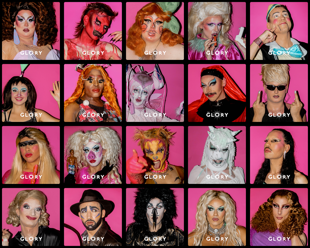 Twenty photographic portraits of drag acts on a pink background. 