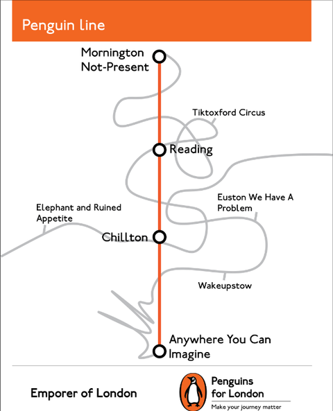 Speculative print advert for Penguin Random House describing the two routes of a fictitious Penguin Line
