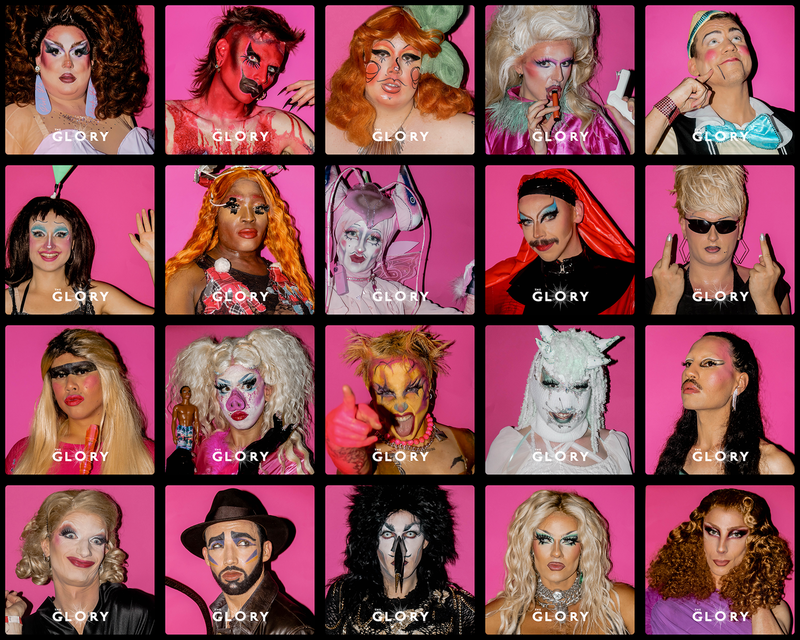 Twenty photographic portraits of drag acts on a pink background. 