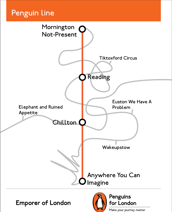 Speculative print advert for Penguin Random House describing the two routes of a fictitious Penguin Line
